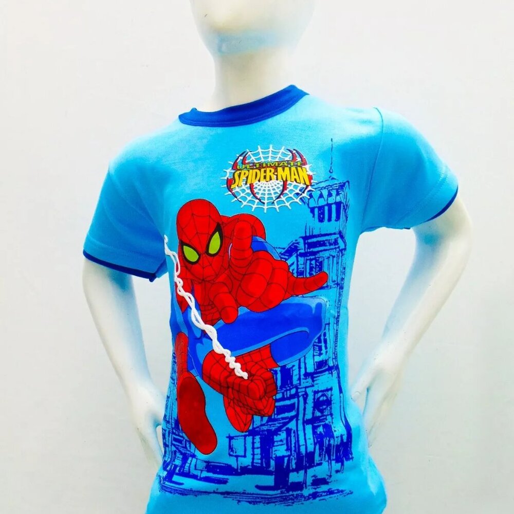 NWT SPIDER-MAN SUPERHEROE KIDS LIGHT BLUE O-NECK SHORT SLEEVE T-SHIRT SIZE 10 14